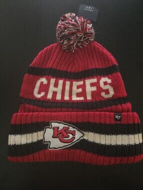 NWT 47 Kansas City Chiefs Red Black Cream Pom Pom Beanie NFL